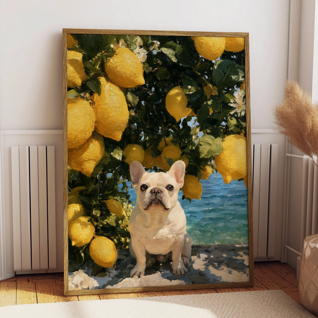 French Bulldog Lemon Tree Poster, Mediterranean Coast, Oil Painting Style