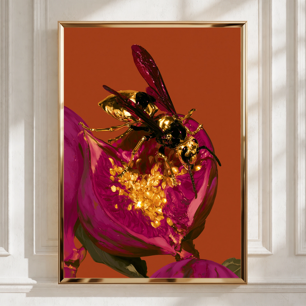 Gold Wasp on Fig Flower Poster, Bold Orange Magenta Wall Art Print