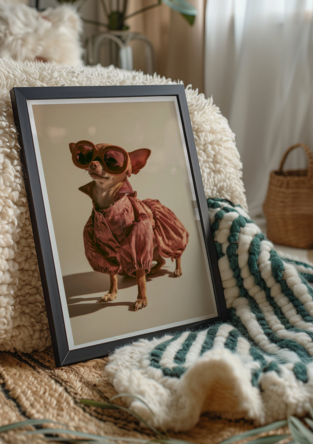 Chihuahua in Dress & Glasses Poster, Funny Fashionable Dog Wall Art Print