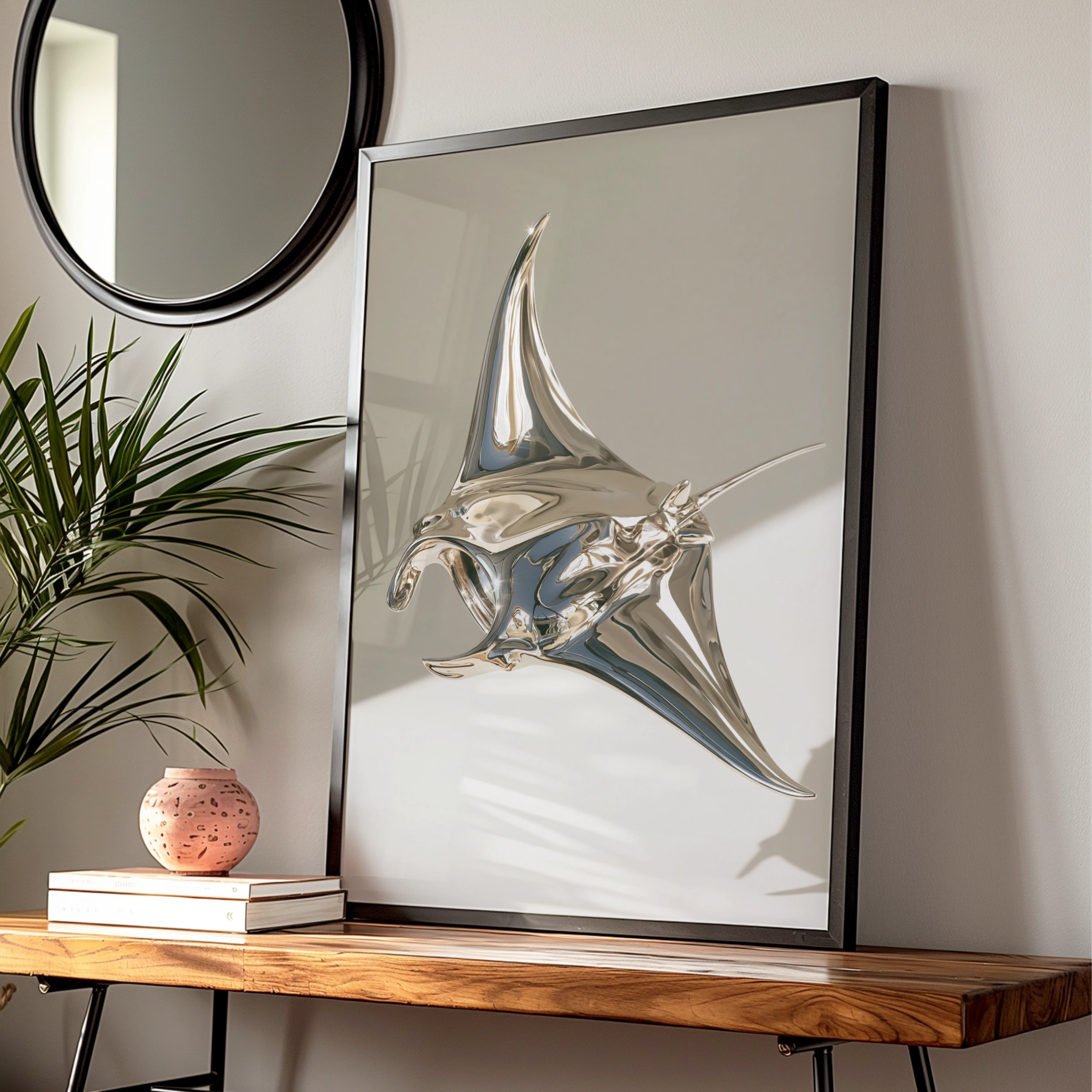 Manta Ray Poster, Chrome Sculpture Art Print, Modern Minimalist Style