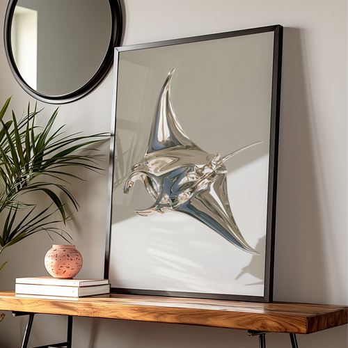 Manta Ray Poster, Chrome Sculpture Art Print, Modern Minimalist Style