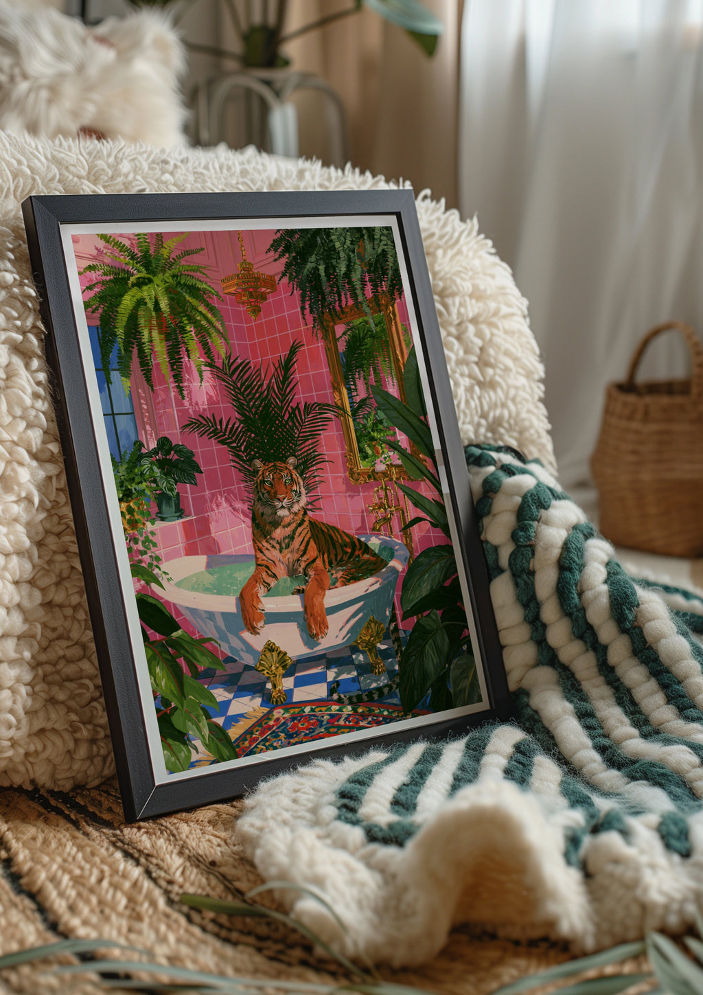 Tiger in Bath Pink Bathroom Poster, Tropical Plants Wall Art Print