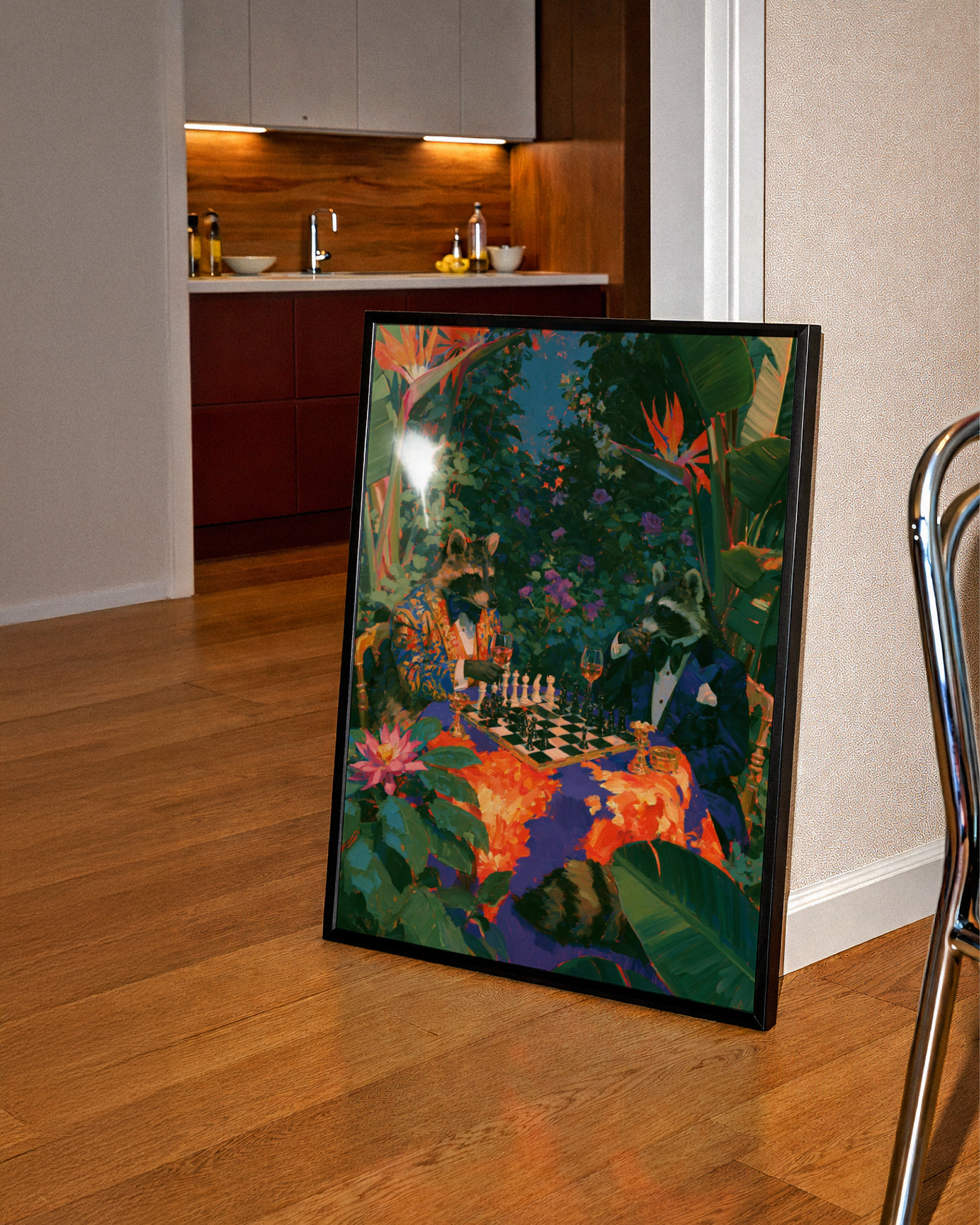 Raccoons Playing Chess, Tropical Garden Wall Art, Maximalist Animal Poster