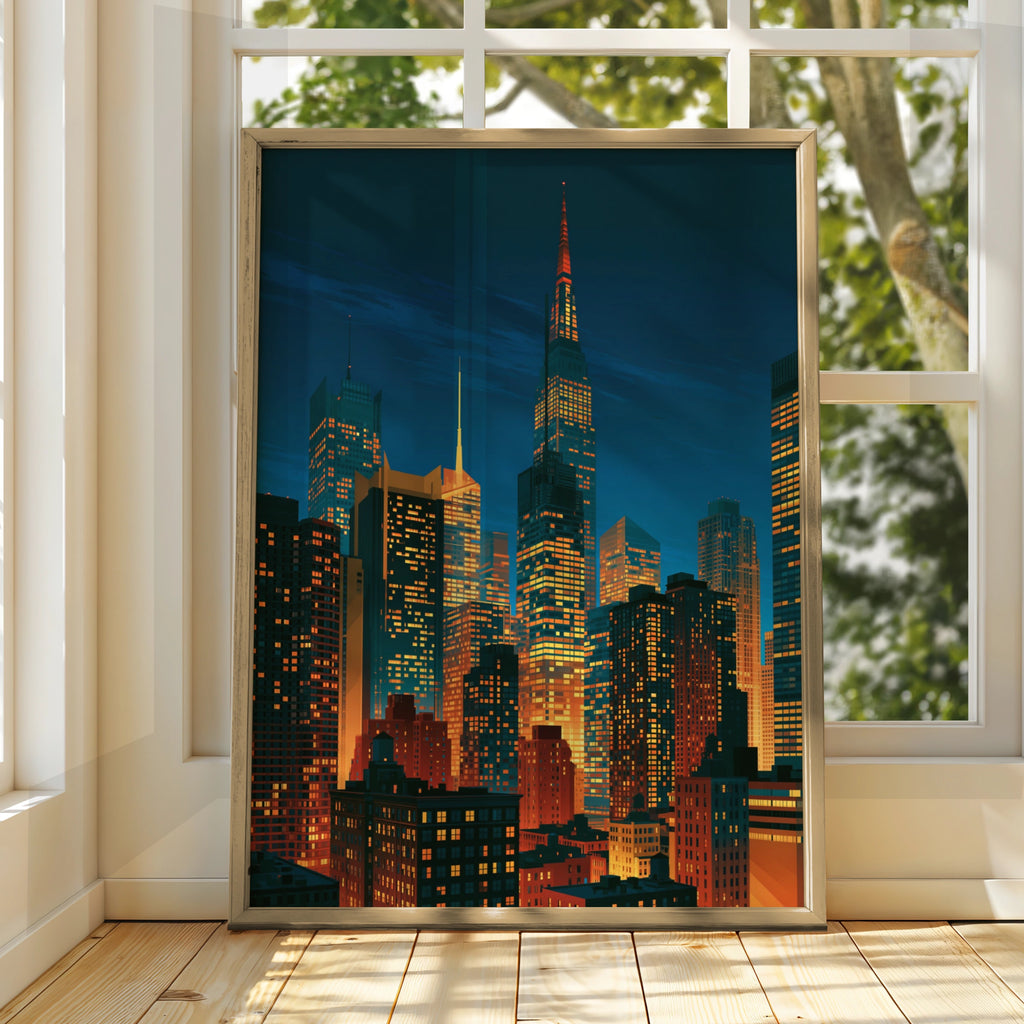 City Skyline Night Poster, Skyscrapers Print, Urban Wall Art, Retro Style