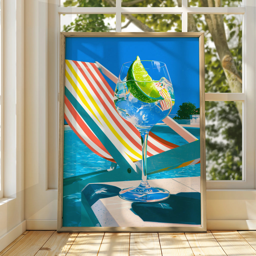 Gin & Tonic Poolside Sun Lounger Art Print, Summer Cocktail Poster, Pop Art Style