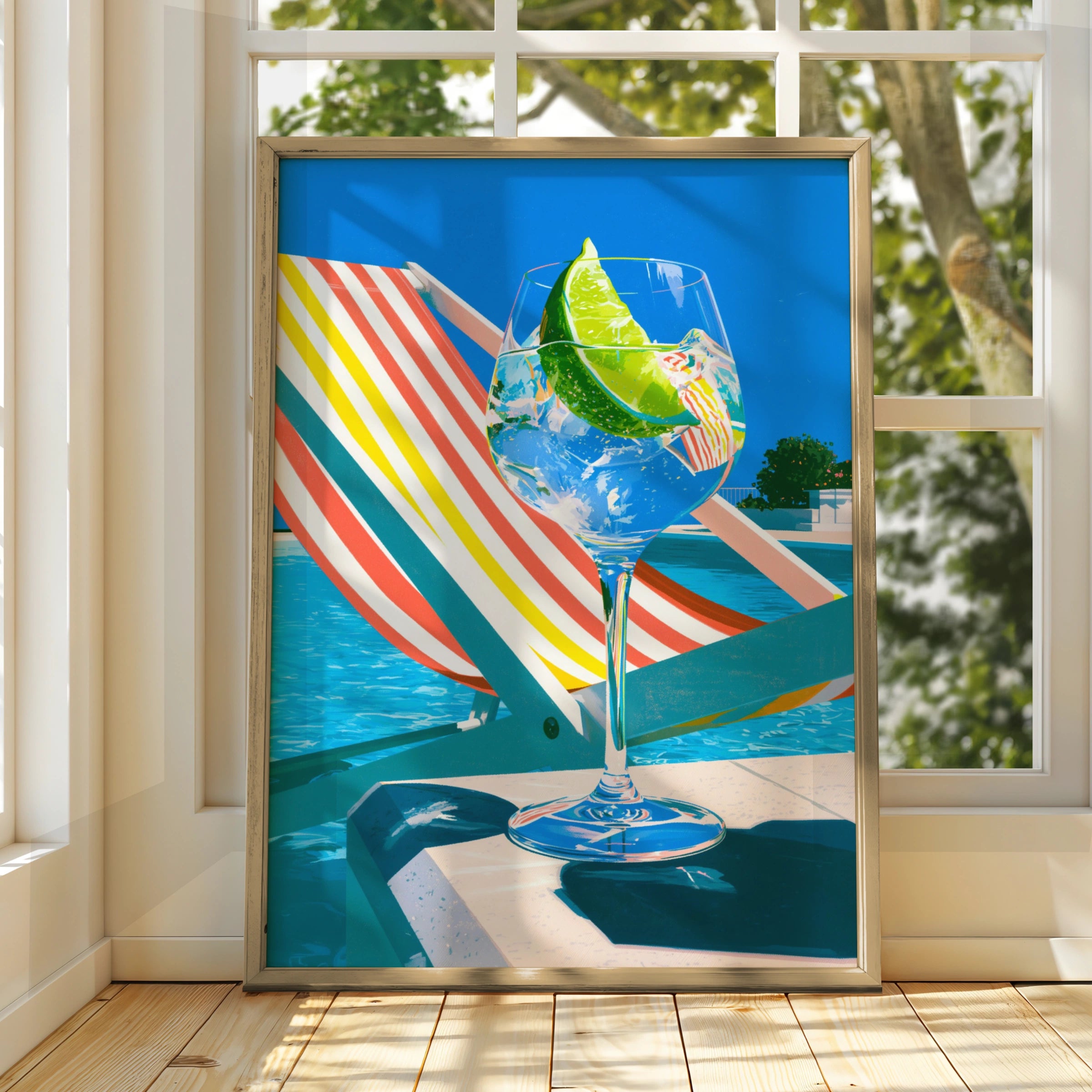 Gin & Tonic Poolside Sun Lounger Art Print, Summer Cocktail Poster, Pop Art Style