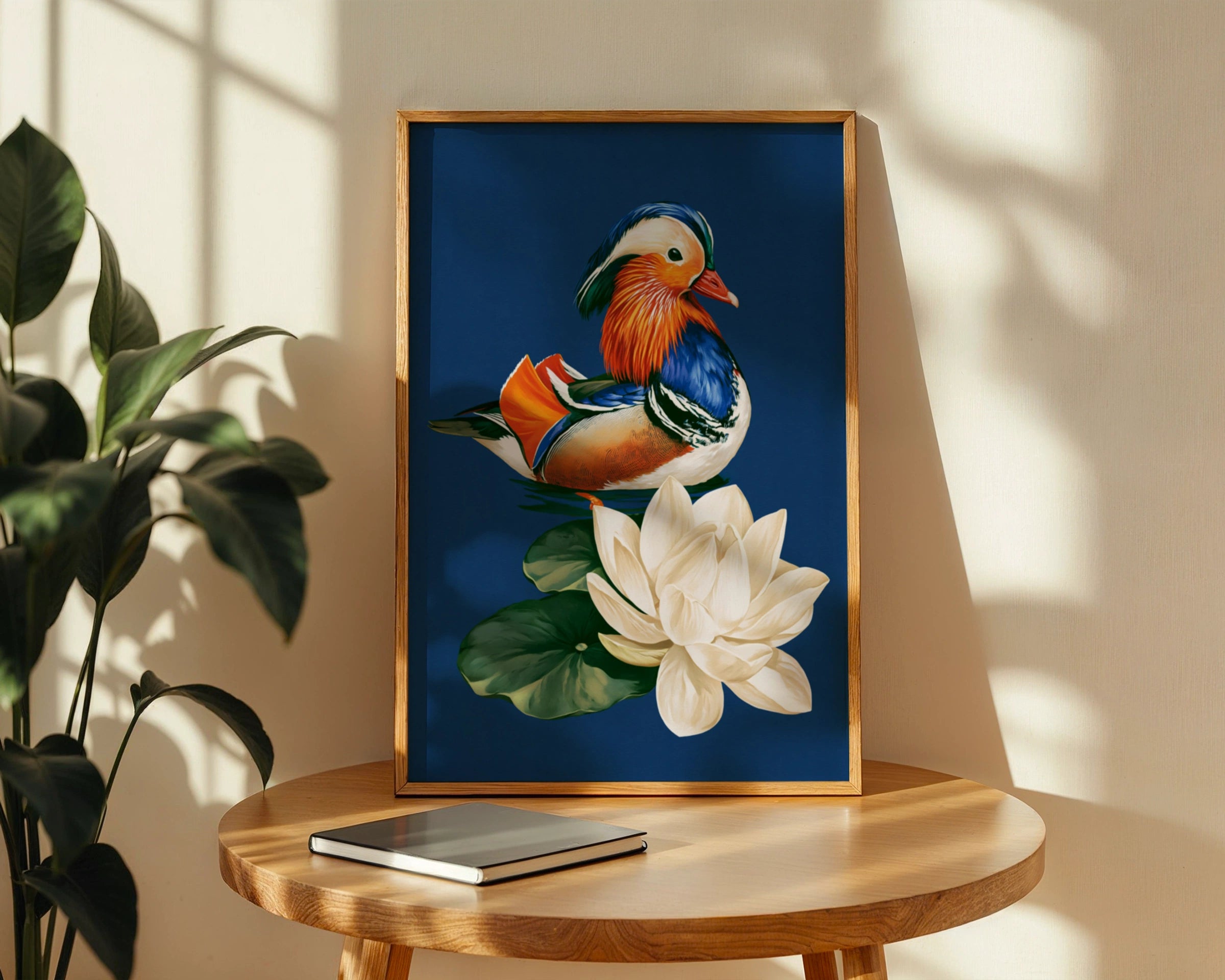 Mandarin Duck Lotus Flower Poster, Colourful Bird Wall Art, Oriental Style Print
