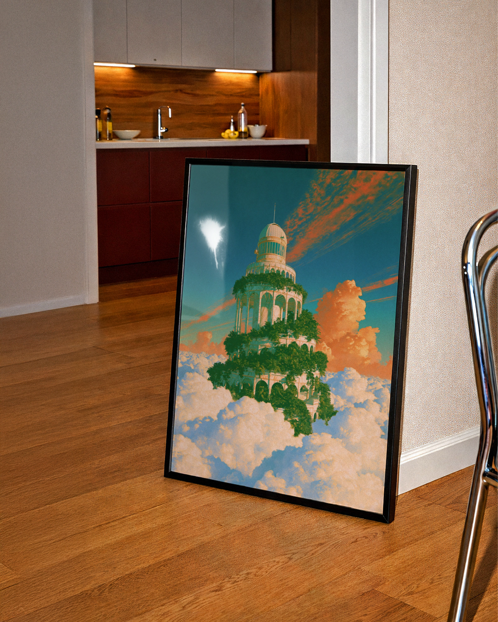 Sky Tower Fantasy Art Poster, Dreamy Cloud Architecture, Surreal Teal Orange Print