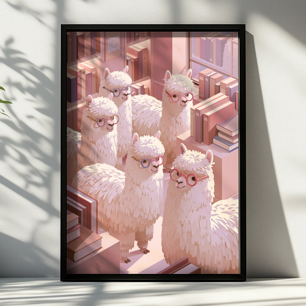 Alpaca Library Poster, Cute Alpacas with Glasses, Pink Bookish Wall Art