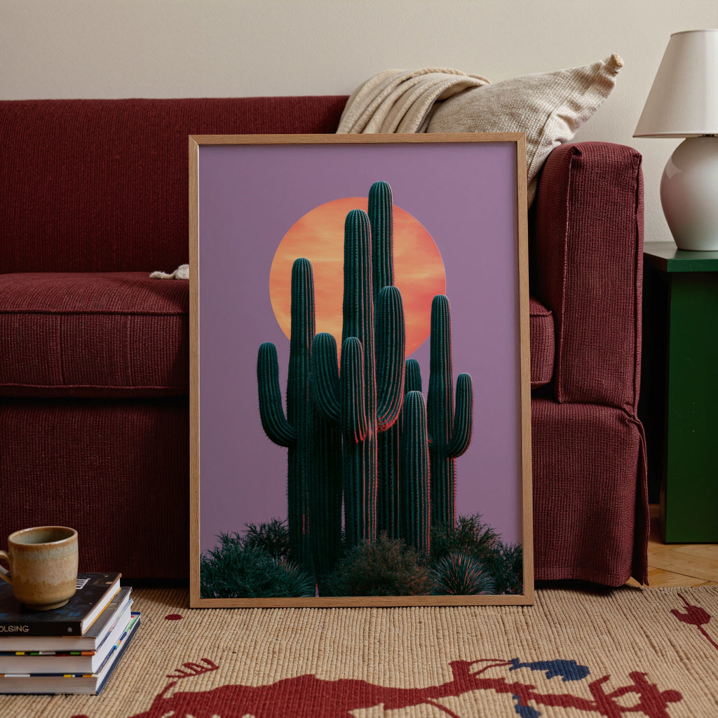 Cactus Moon Pink Sky Wall Art Poster, Desert Saguaro Print, Botanical