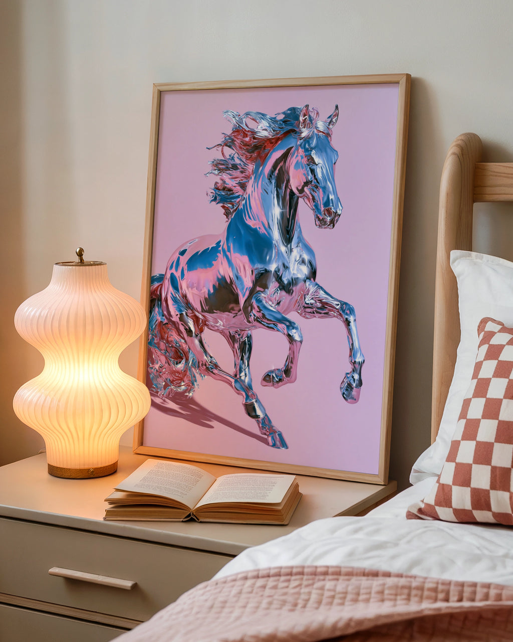 Chrome Horse Poster, Rearing Stallion Print, Pink Metallic Wall Art