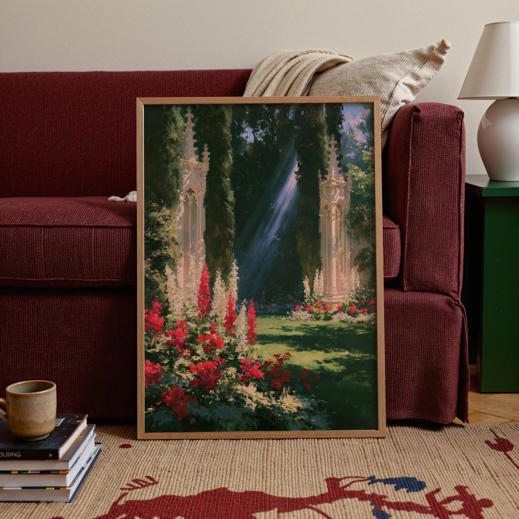 Gothic Garden Wall Art, Cypress Trees Sunlight Poster, Romantic Floral Print