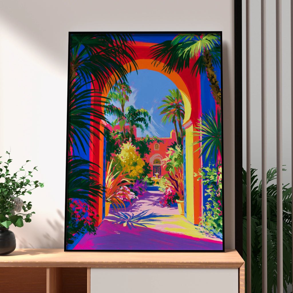 Courtyard Flowers Palms Poster, Tropical Arch Garden Print, Vibrant Colourful Wall Art