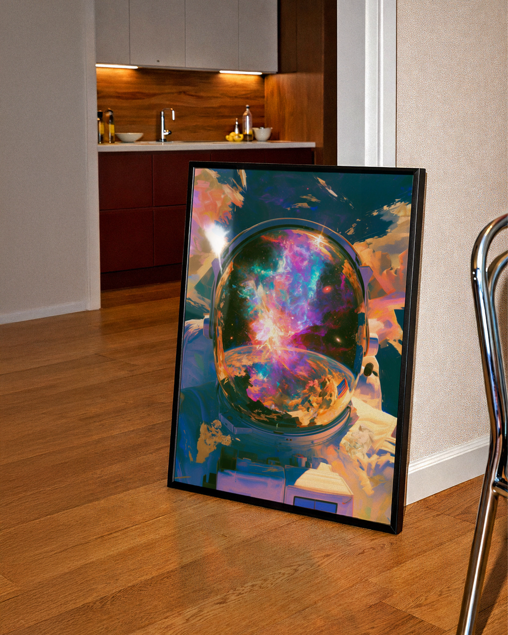 Astronaut Helmet Nebula Reflection Poster, Abstract Space Art Print