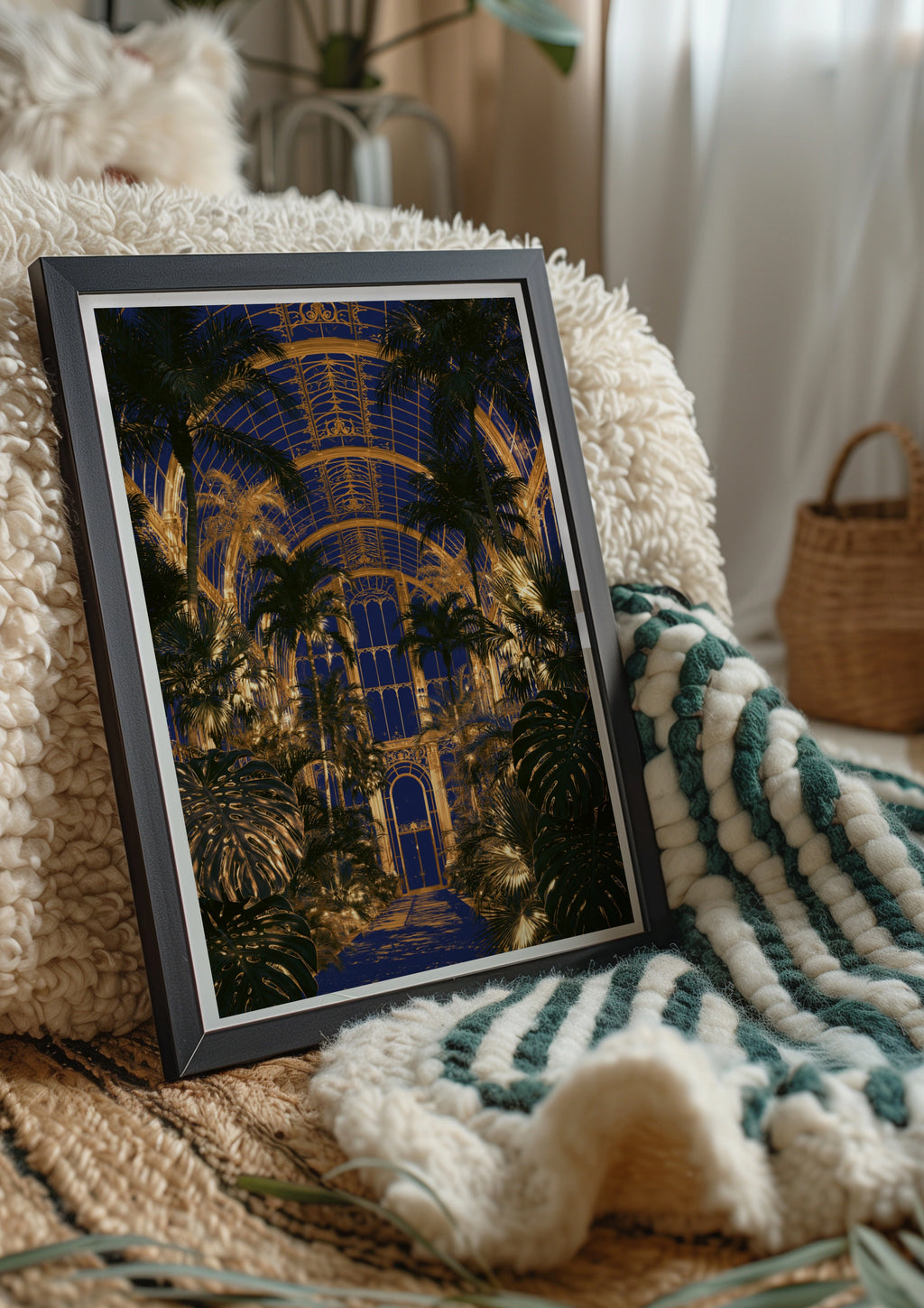 Glass House Botanical Interior Poster, Blue Gold Glasshouse Art Print