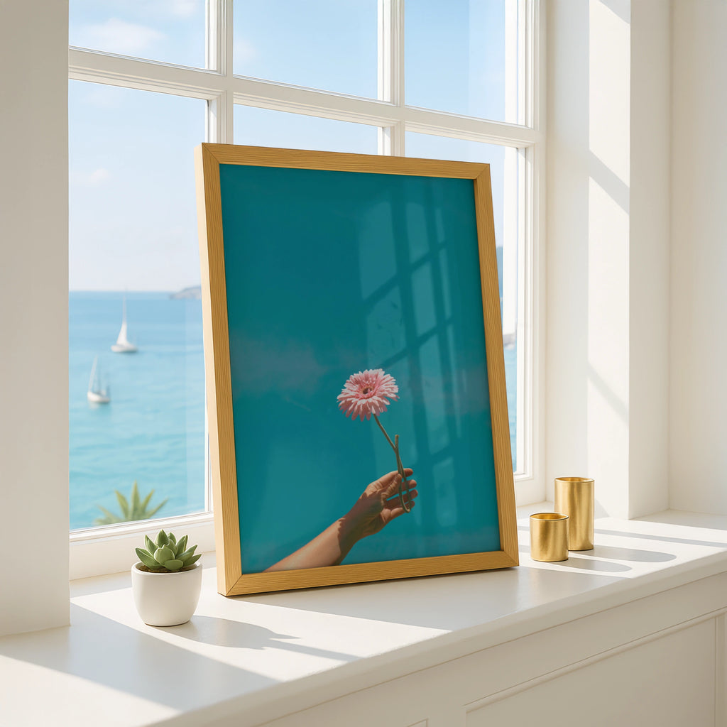 Pink Flower Hand Sky Poster, Gerbera Daisy Print, Teal Blue Botanical Wall Art