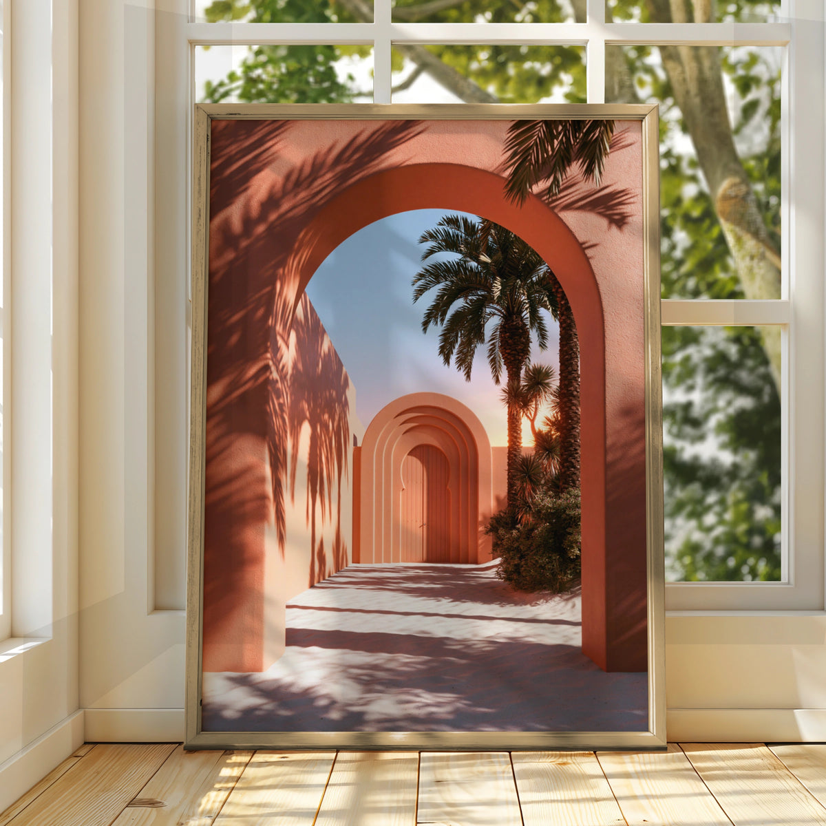 Middle East Arch Palm Tree Poster, Terracotta Architecture Wall Art, Minimalist