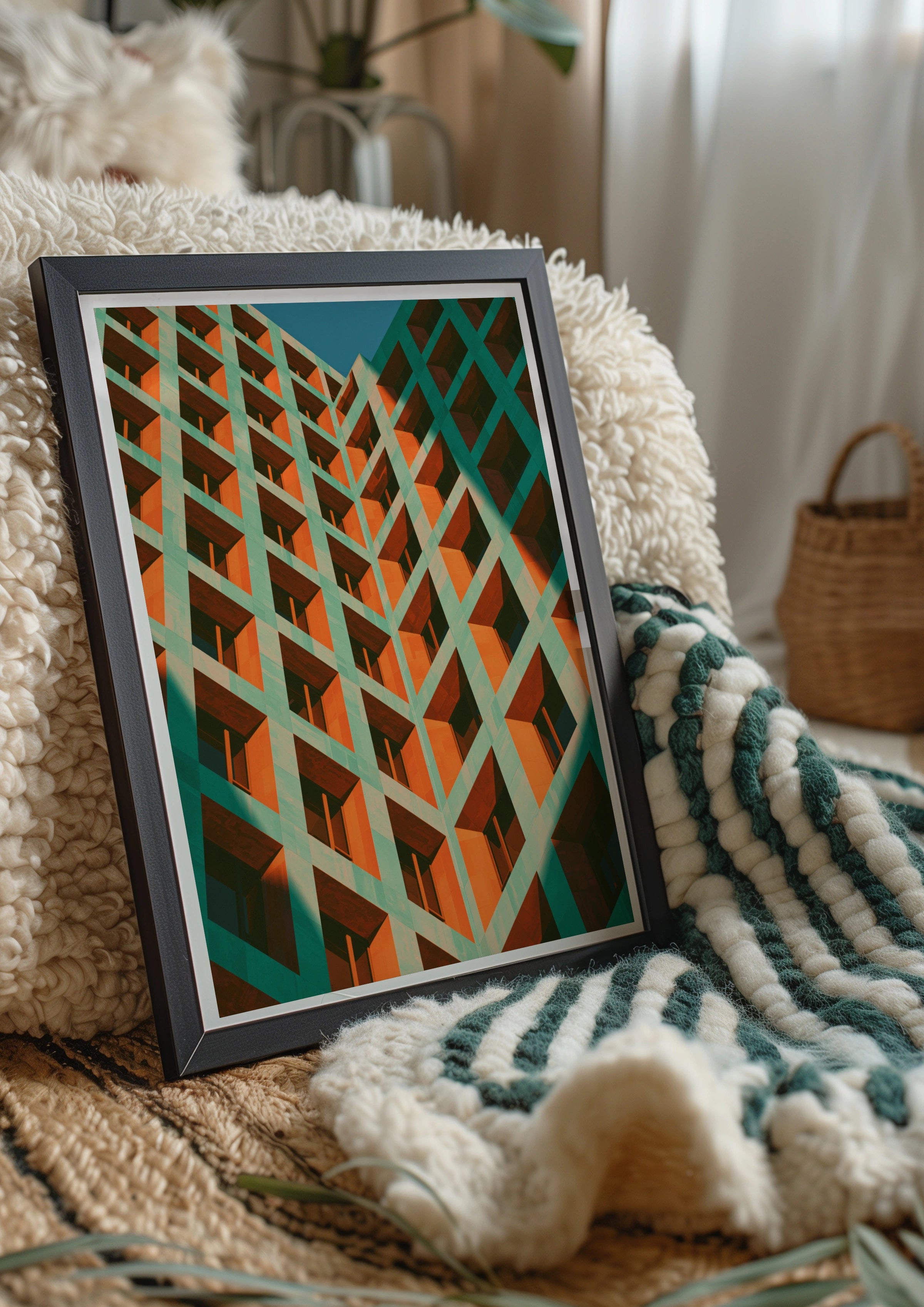 Architecture Building Facade Poster, Green Orange Geometric Brutalist Print
