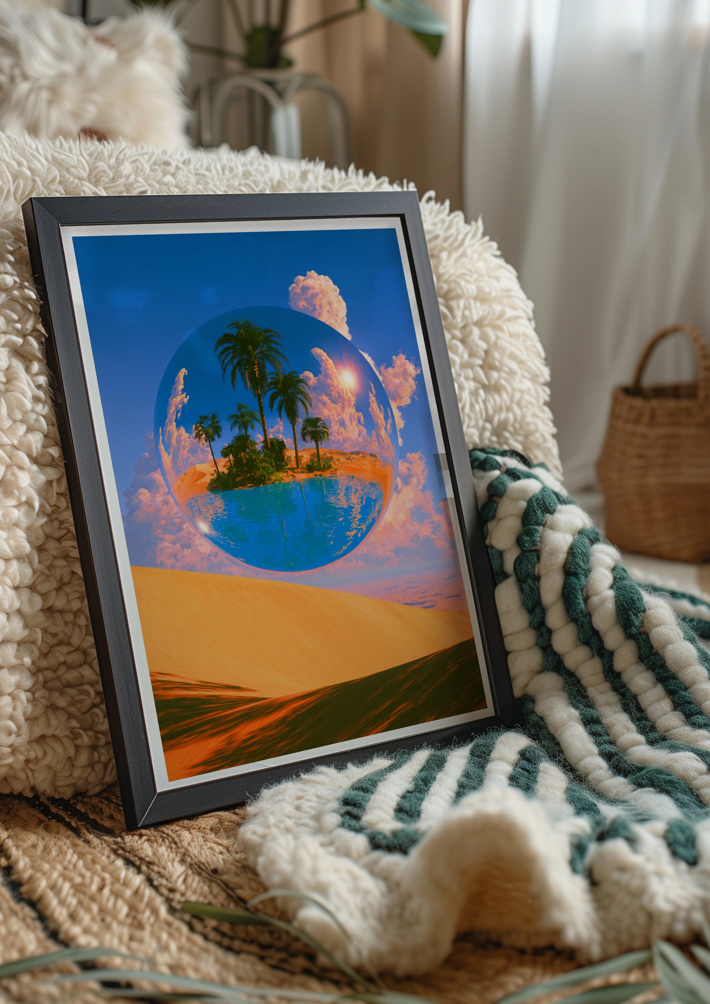 Desert Oasis Sphere Poster, Surreal Palm Tree Sand Dune Wall Art Print