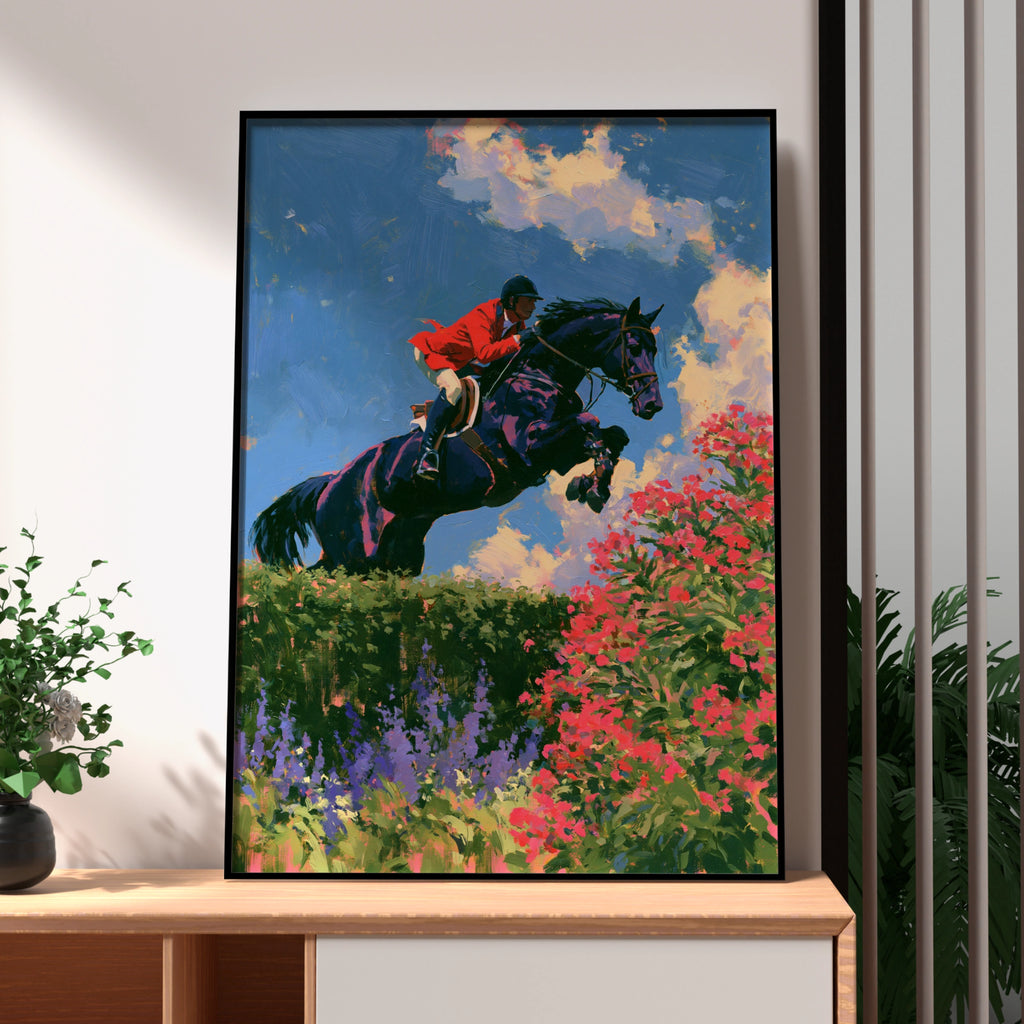Horse Rider Leaping, Equestrian Show Jumping Poster, Oil Painting Style