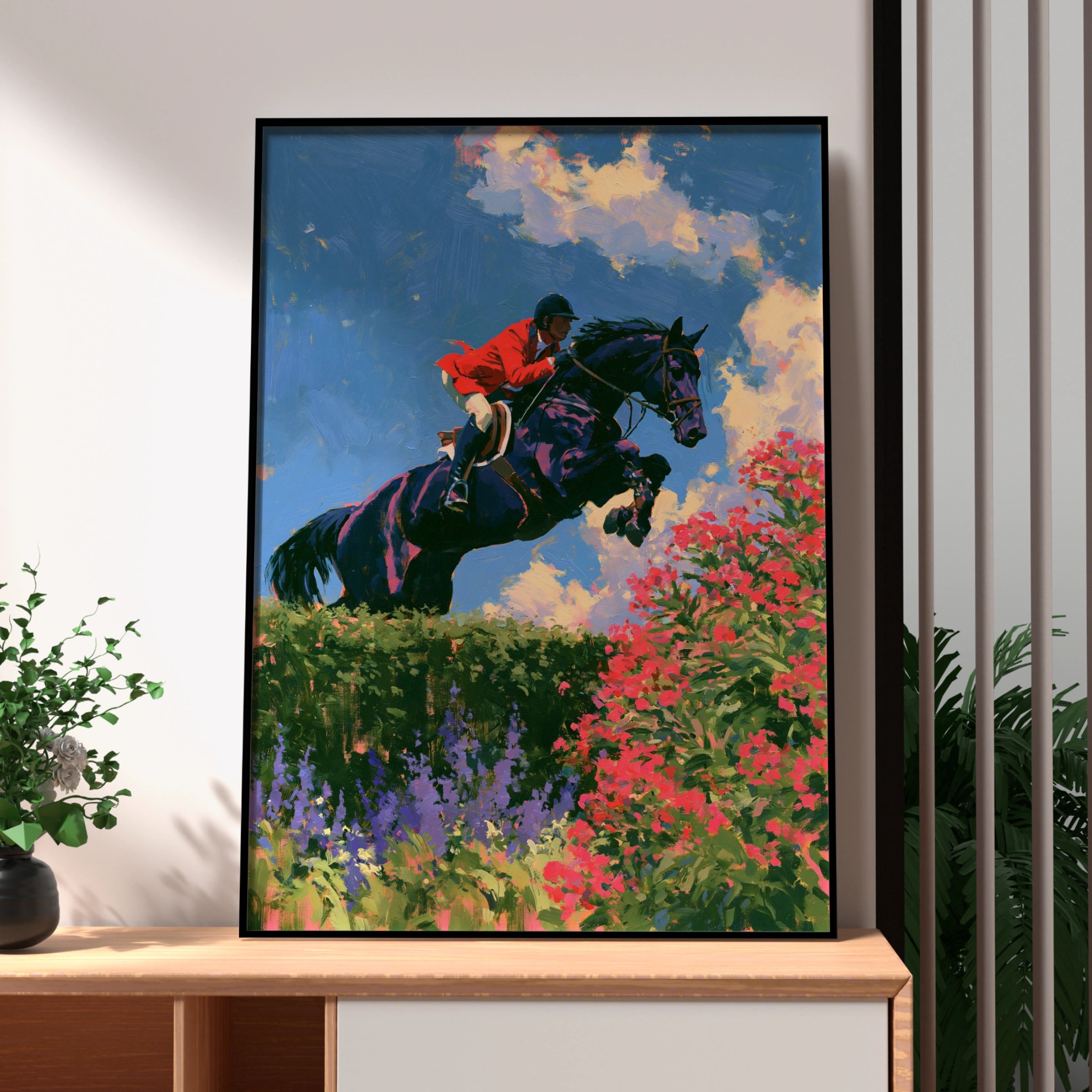 Horse Rider Leaping, Equestrian Show Jumping Poster, Oil Painting Style