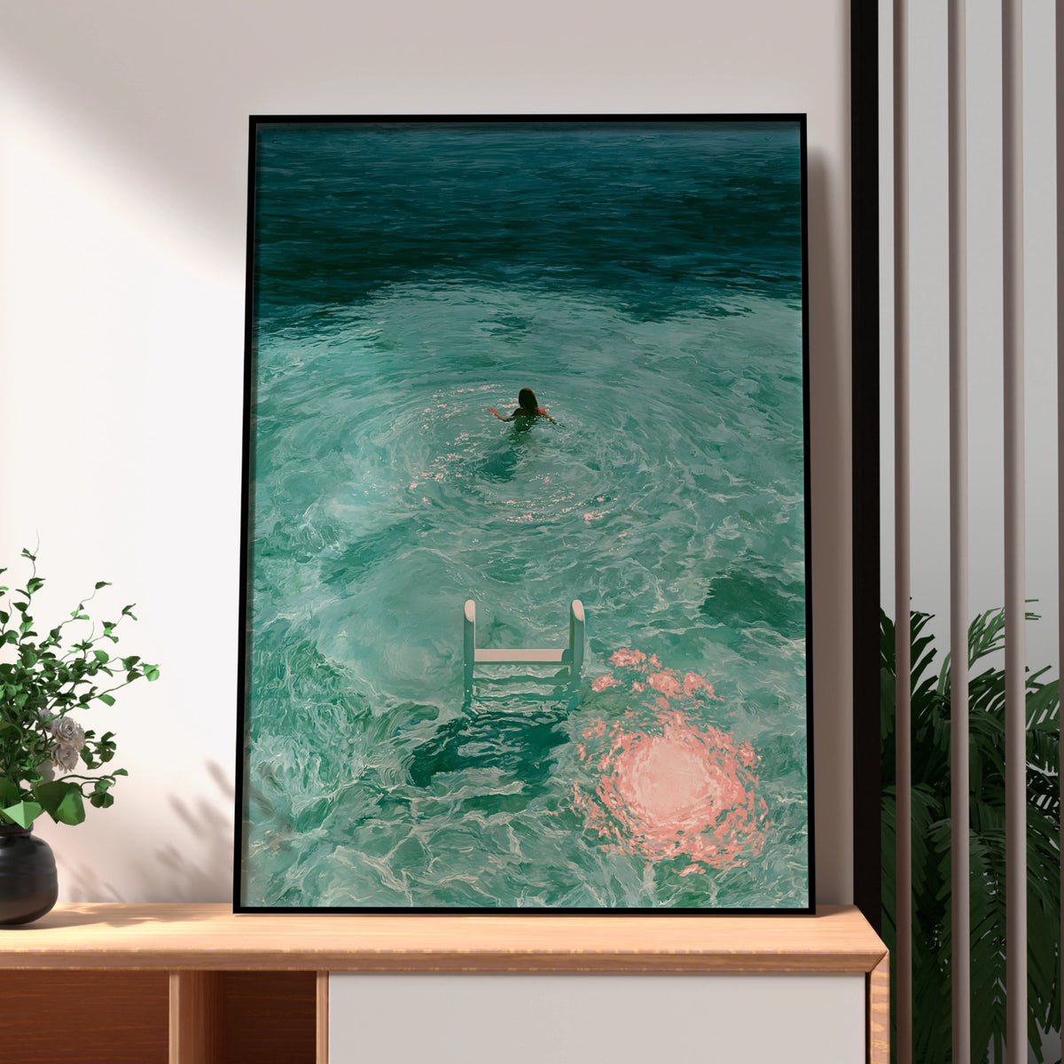Woman Swimming in Turquoise Sea, Ladder Moon Poster, Dreamy Figurative Art