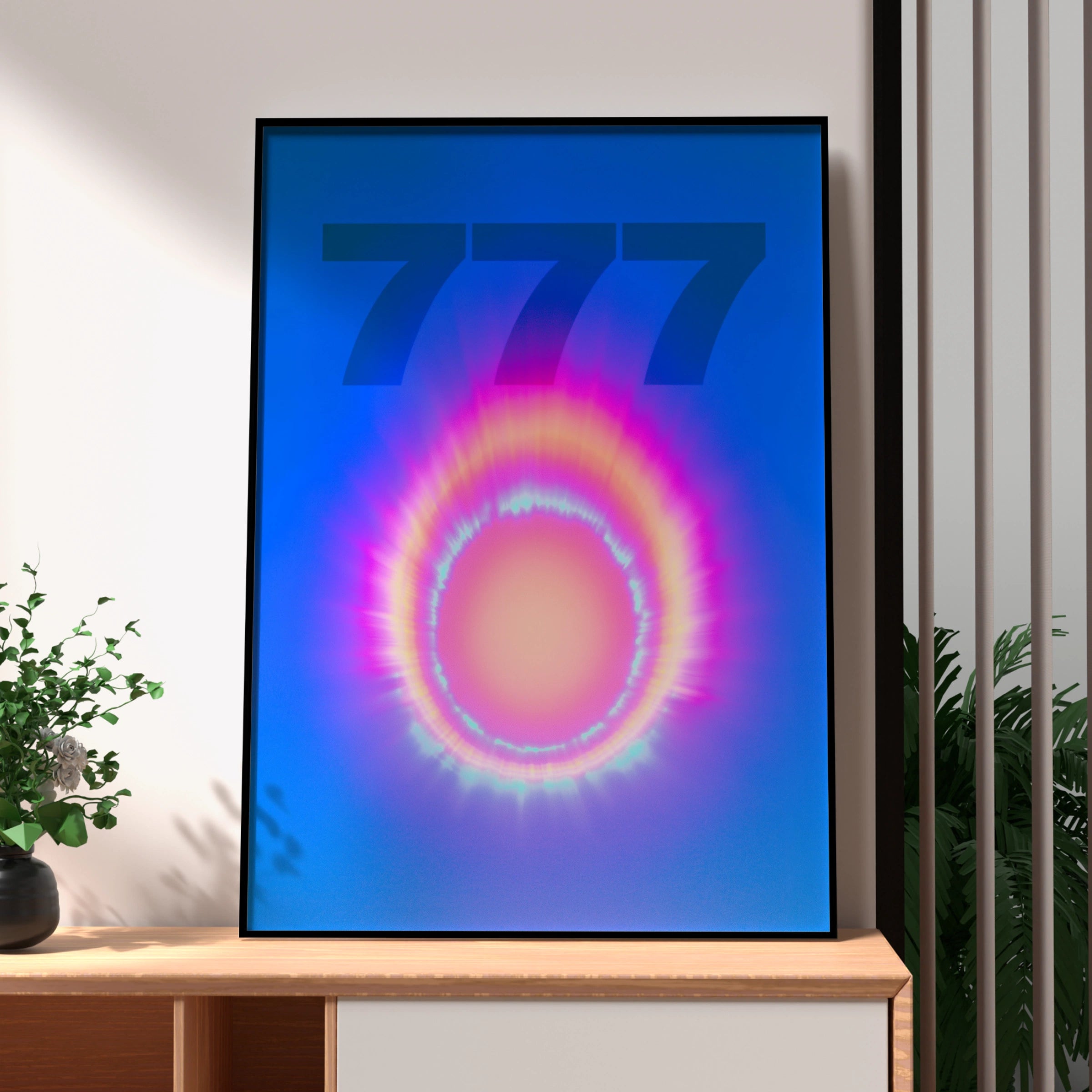 777 Angel Number Poster, Neon Aura Ring Print, Spiritual Blue Wall Art