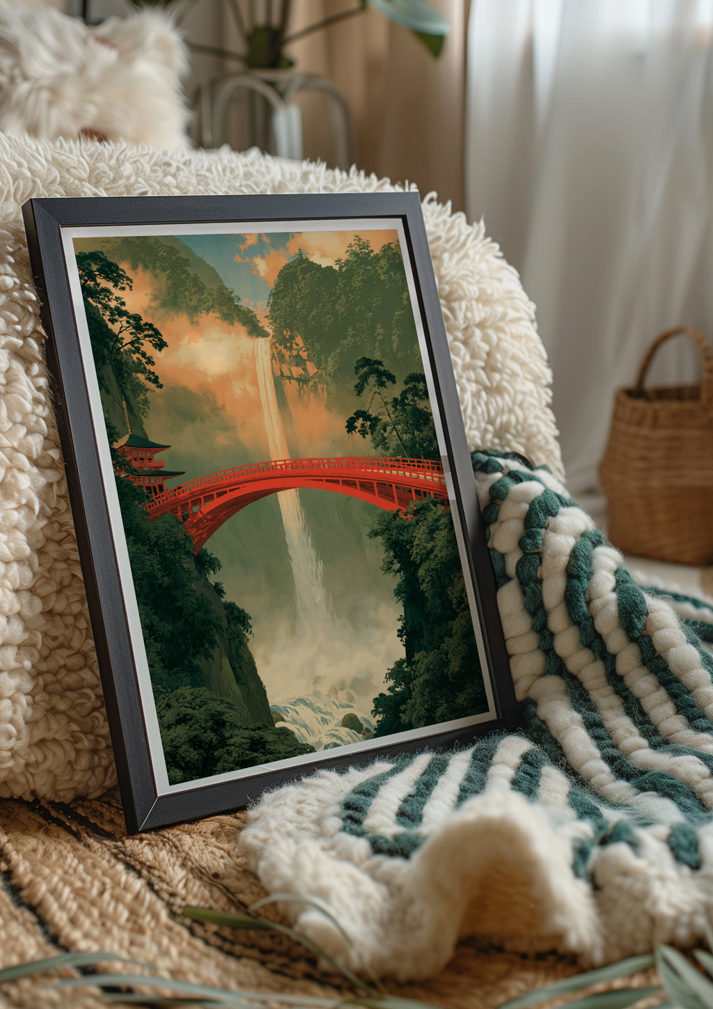 Red Bridge Waterfall Japan Poster, Japanese Pagoda Wall Art, Ukiyo-e Style Print
