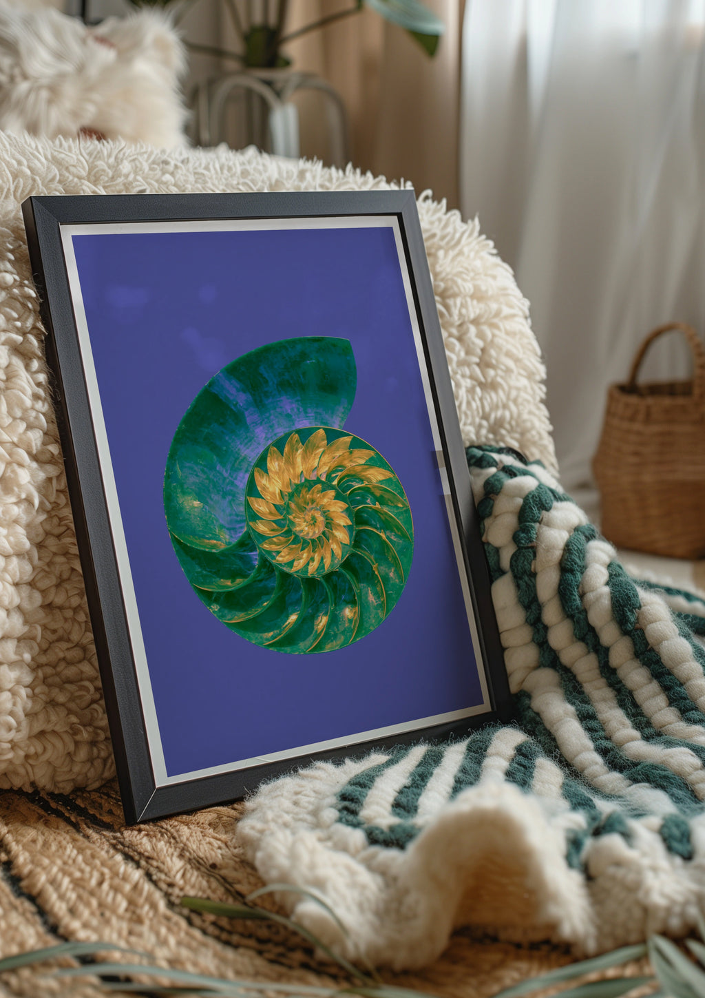 Nautilus Shell Poster, Green Gold Spiral, Bold Colour Nature Wall Art Print
