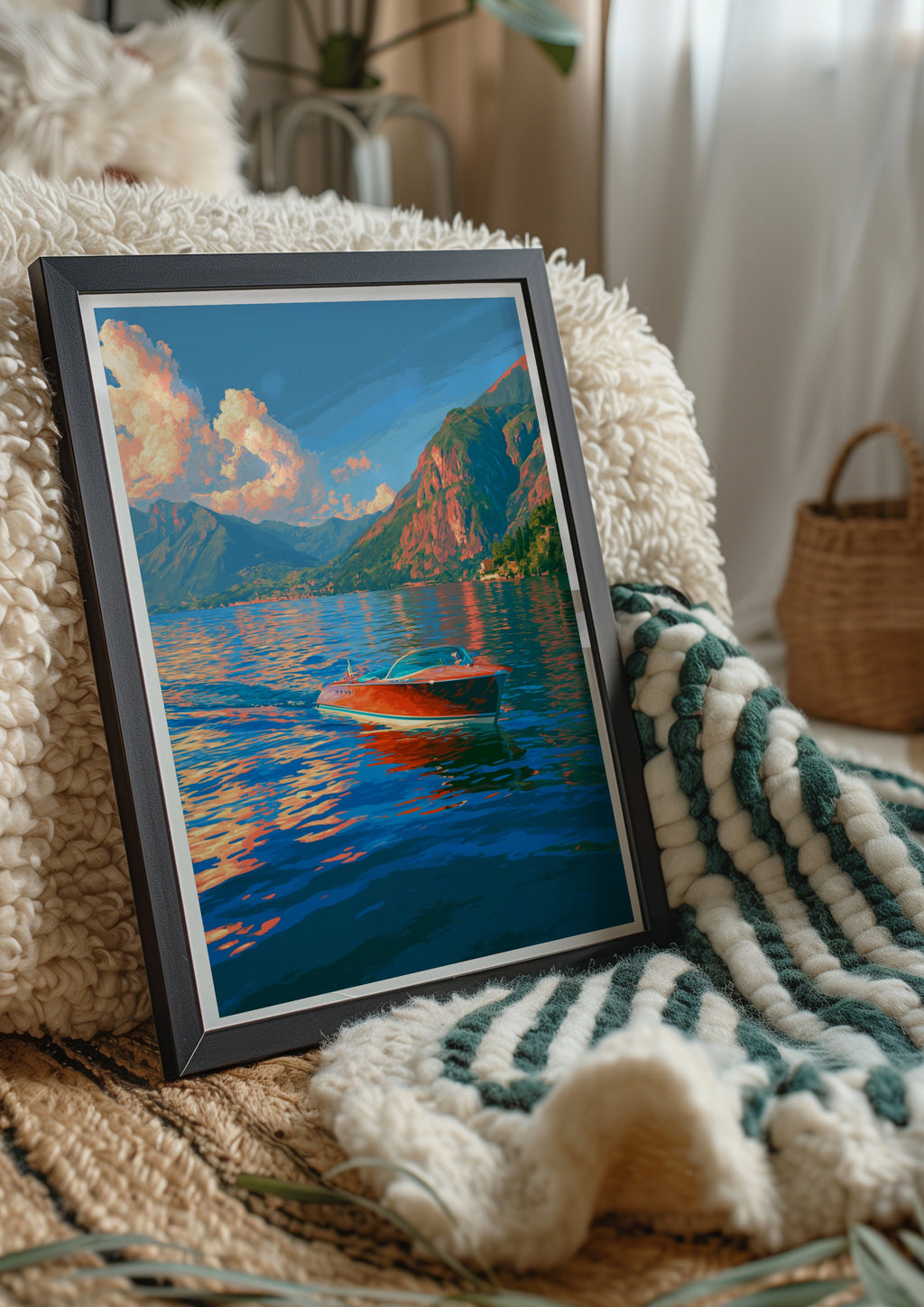 Speedboat Lake Como Poster, Italian Alps Wall Art, Retro Travel Print