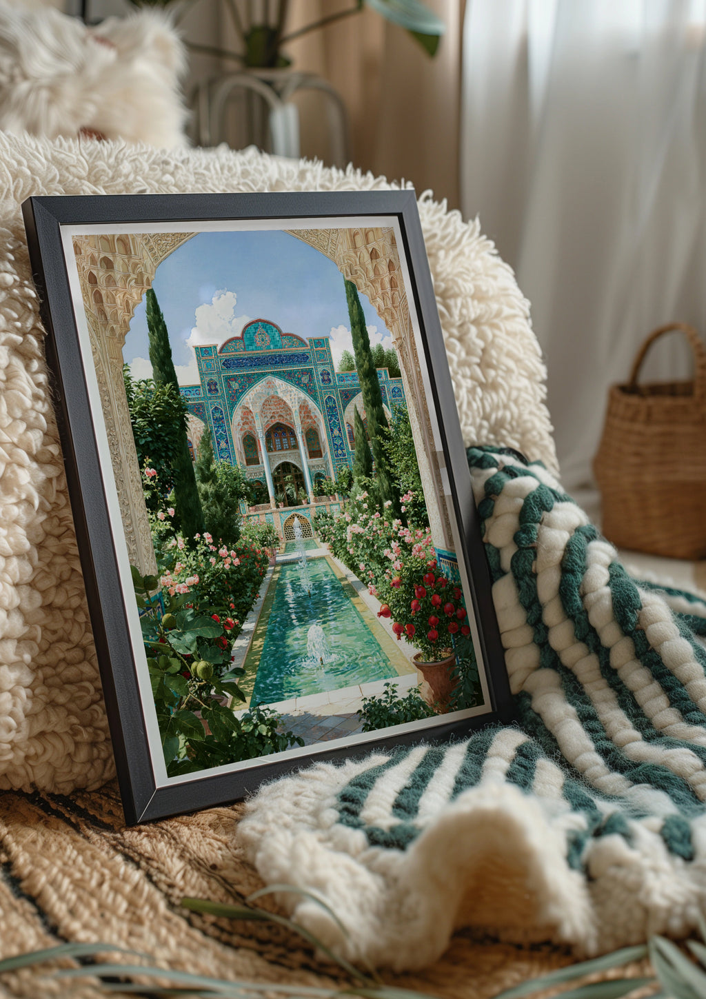 Persian Fountain Courtyard Poster, Islamic Architecture, Mosaic Garden Art Print