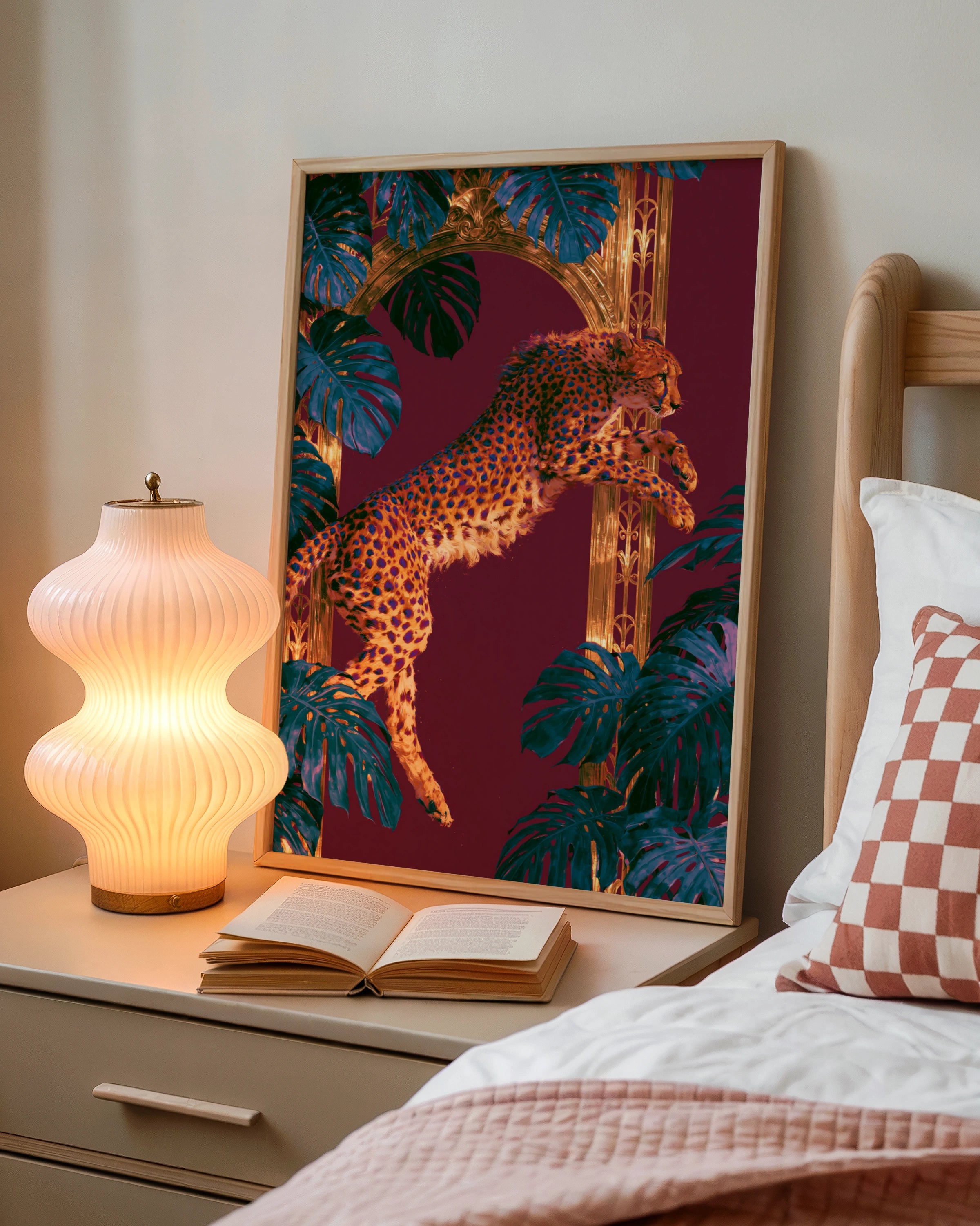 Leaping Cheetah Poster, Art Deco Jungle Wall Art, Bold Maximalist Print