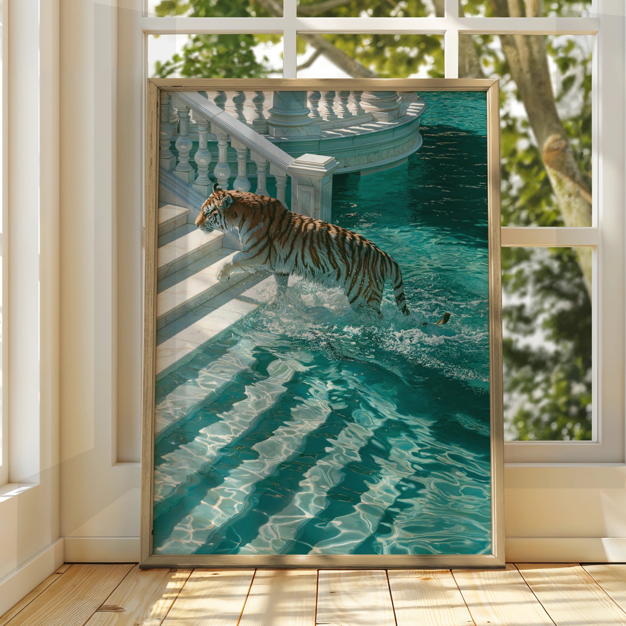 Tiger Leaping into Water, Villa Pool Wall Art Poster, Surreal Style
