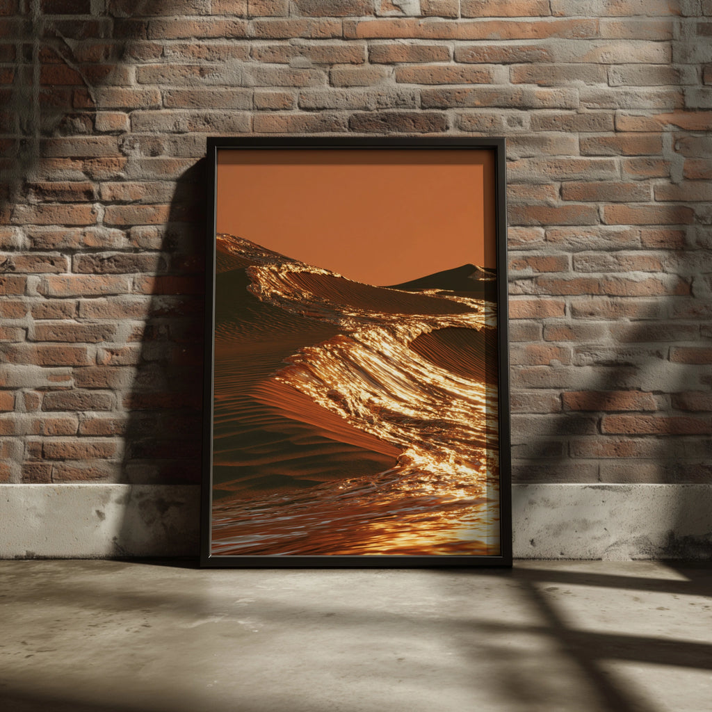 Sand Dunes Golden Water Surreal Desert Wave Poster, Abstract Art Print