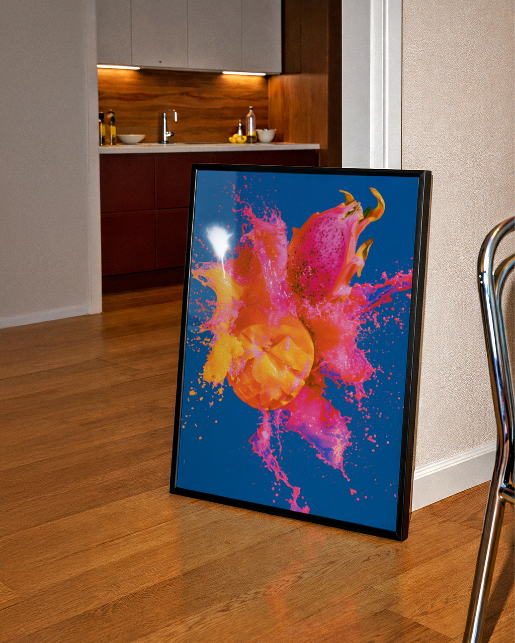 Dragon Fruit Mango Splash Poster, Tropical Fruit Wall Art, Bold Colourful Print