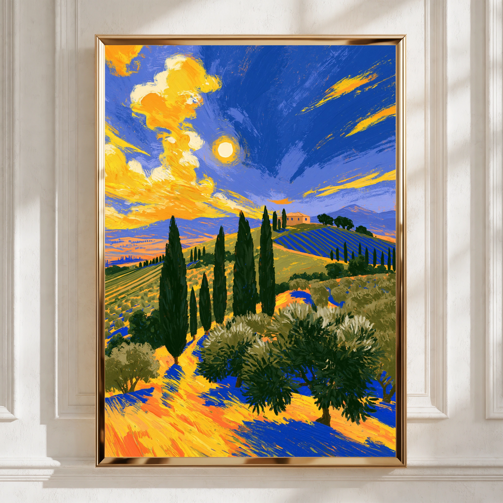 Tuscany Cypress Fields Poster, Italian Landscape Wall Art, Van Gogh Style Print