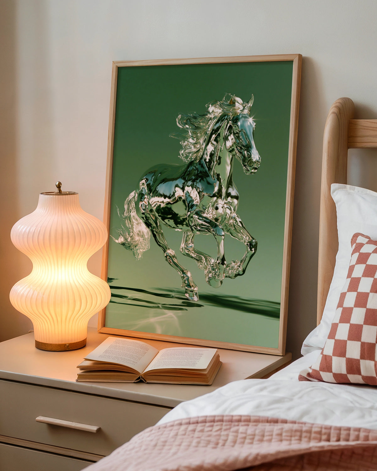 Chrome Horse Poster, Green Metallic Running Horse, Modern 3D Wall Art