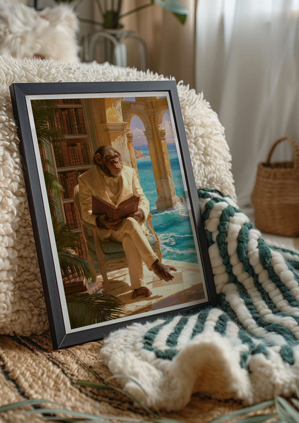 Chimpanzee Reading Book Poster, Monkey in Suit Art Print, Classical Style