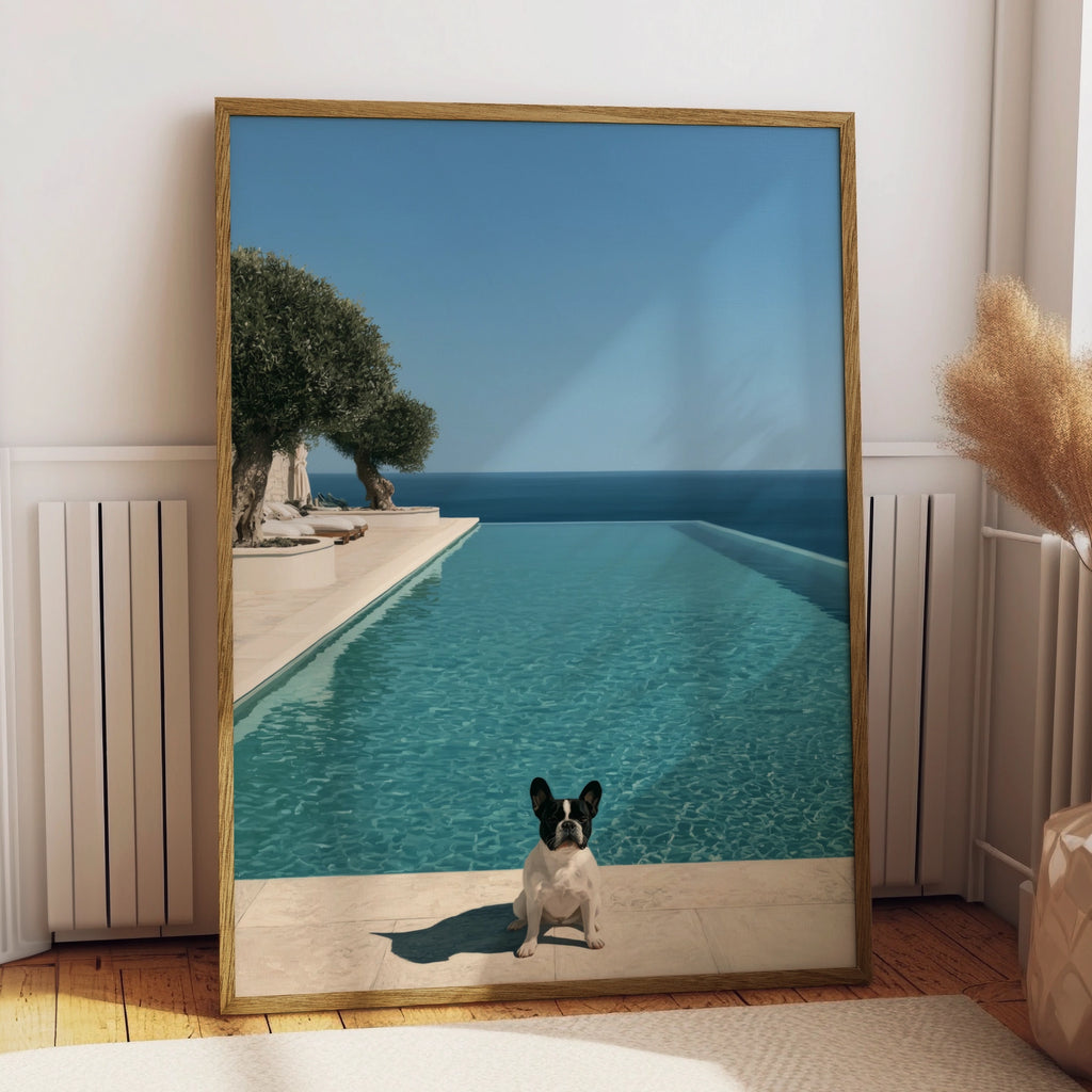 French Bulldog Infinity Pool Poster, Mediterranean Olive Tree, Luxury Wall Art