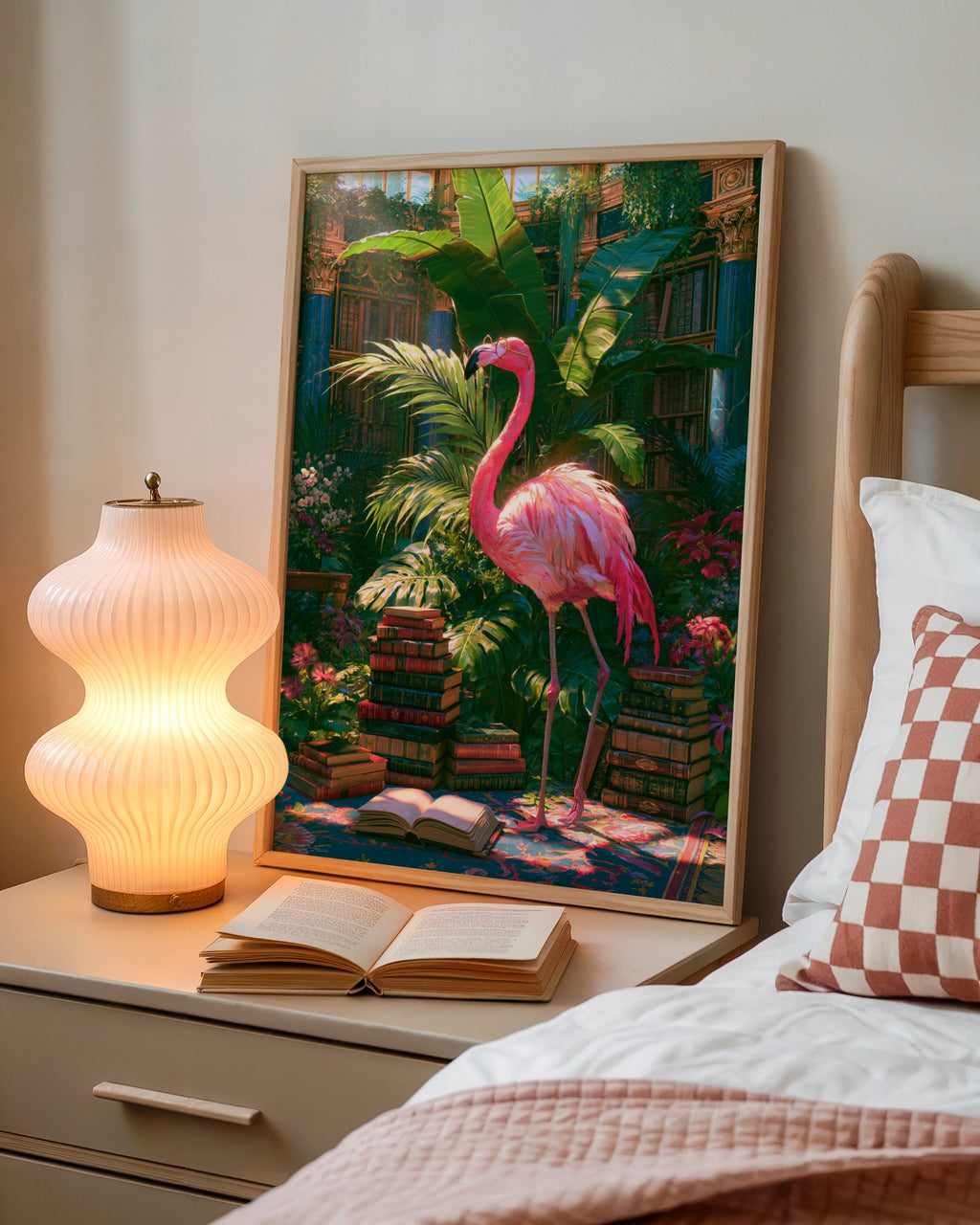 Flamingo Library Poster, Tropical Books Wall Art, Whimsical Botanical Print