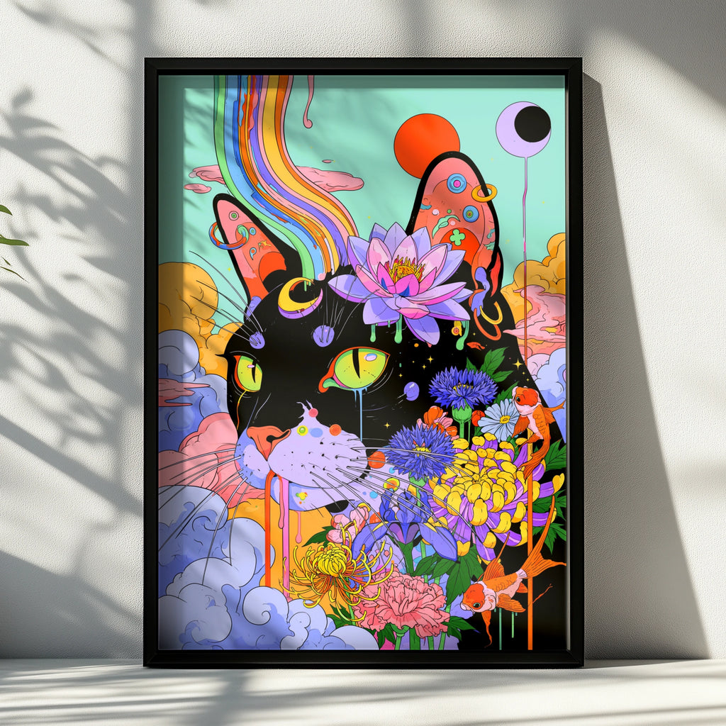 Psychedelic Cat Poster, Floral Black Cat Wall Art, Colourful Trippy Print