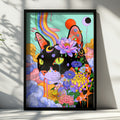 Psychedelic Cat Poster, Floral Black Cat Wall Art, Colourful Trippy Print