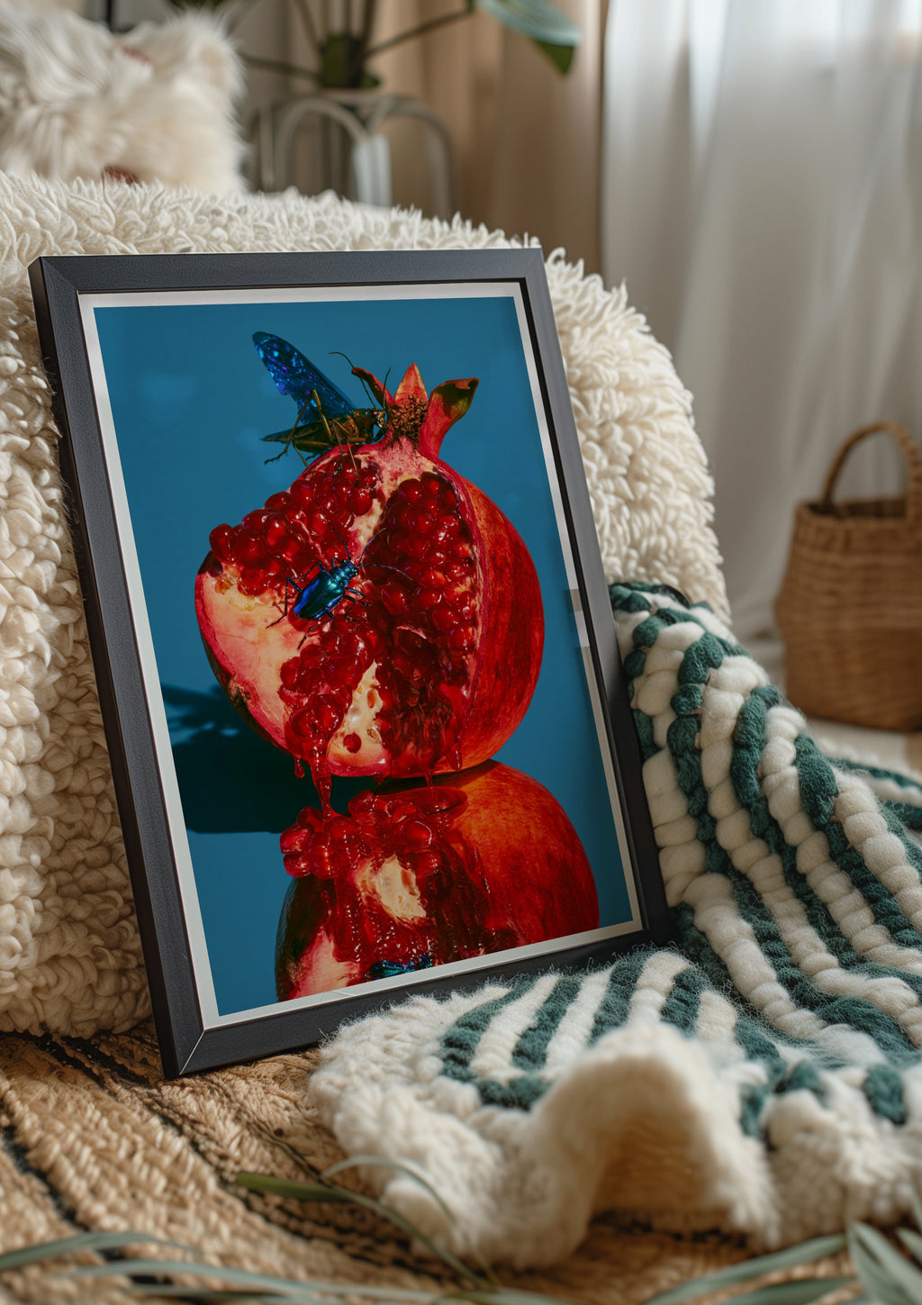 Pomegranate Beetles Wall Art Poster, Bold Red Blue Nature Print