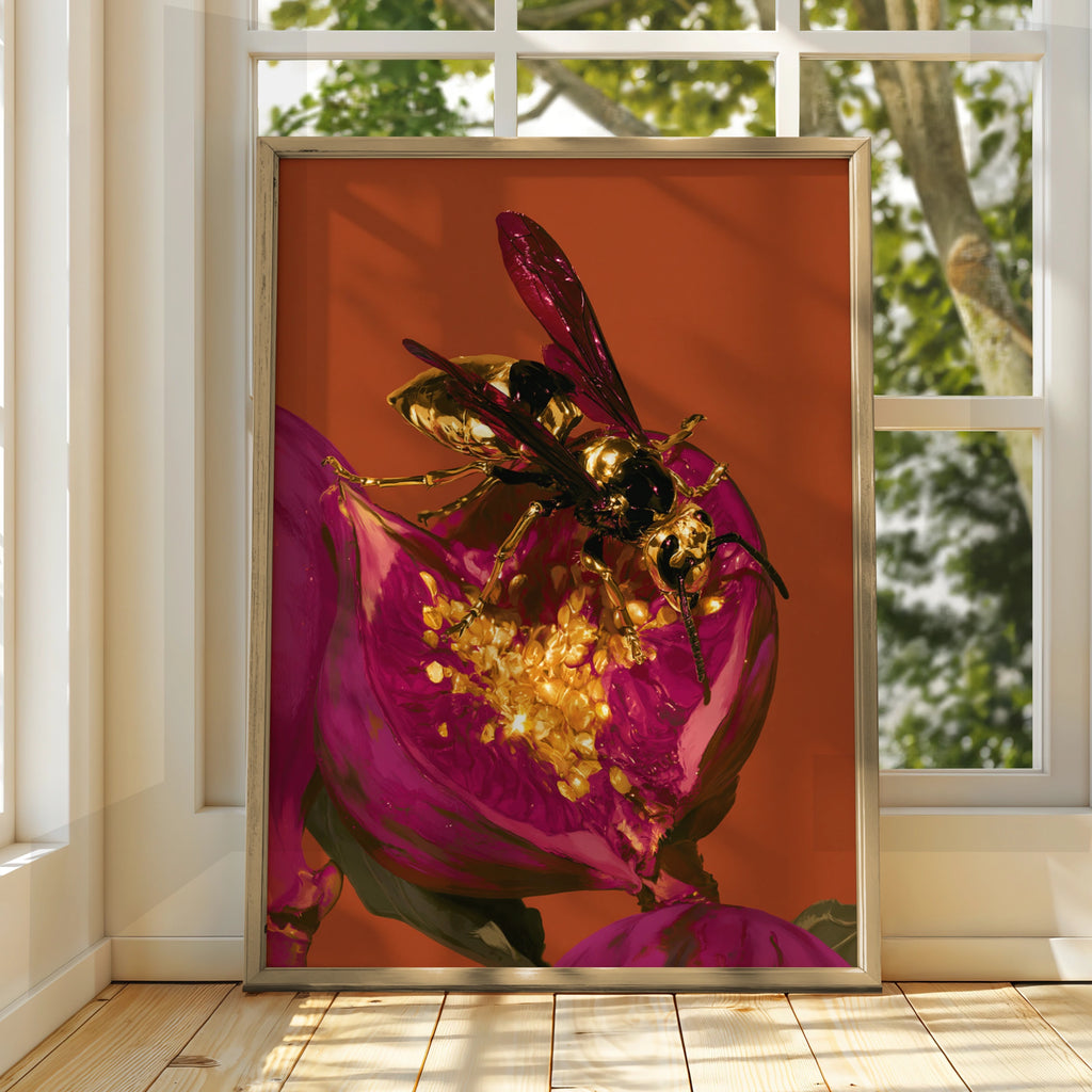Gold Wasp on Fig Flower Poster, Bold Orange Magenta Wall Art Print