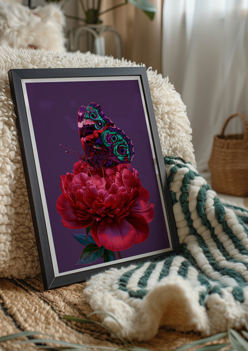 Butterfly on Red Peony Poster, Botanical Wall Art, Vibrant Purple Print