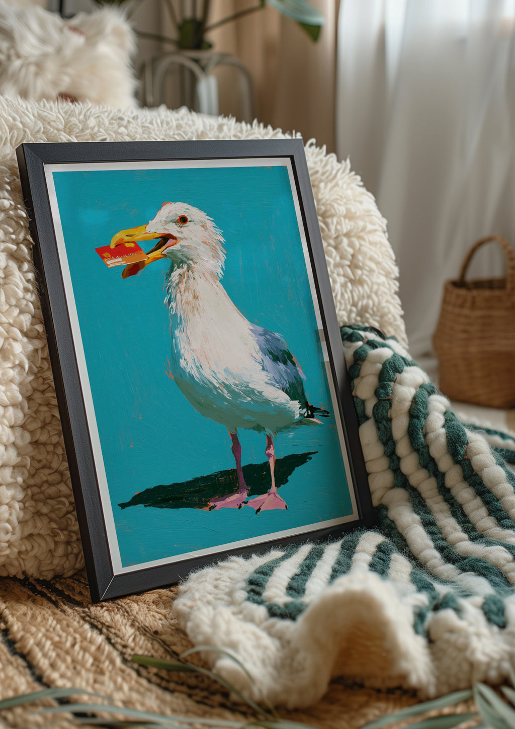 Seagull Stealing Credit Card Poster, Funny Coastal Bird Art Print, Teal
