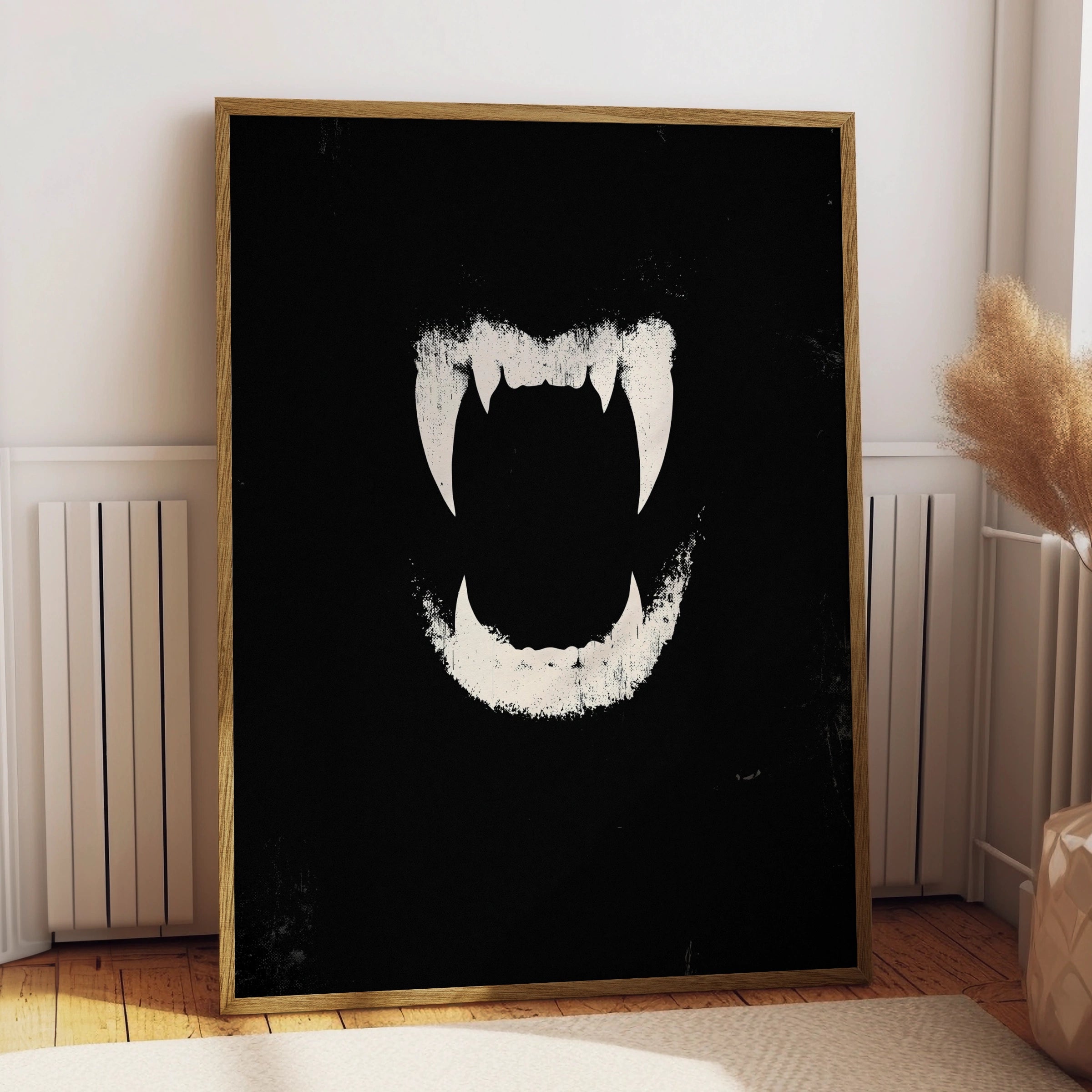 Vampire Fangs Poster, Dark Gothic Wall Art, Black White Grunge Print
