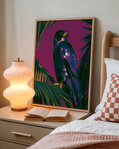 Falcon Purple Wall Art Poster, Bird of Prey Print, Tropical Illustrated Style