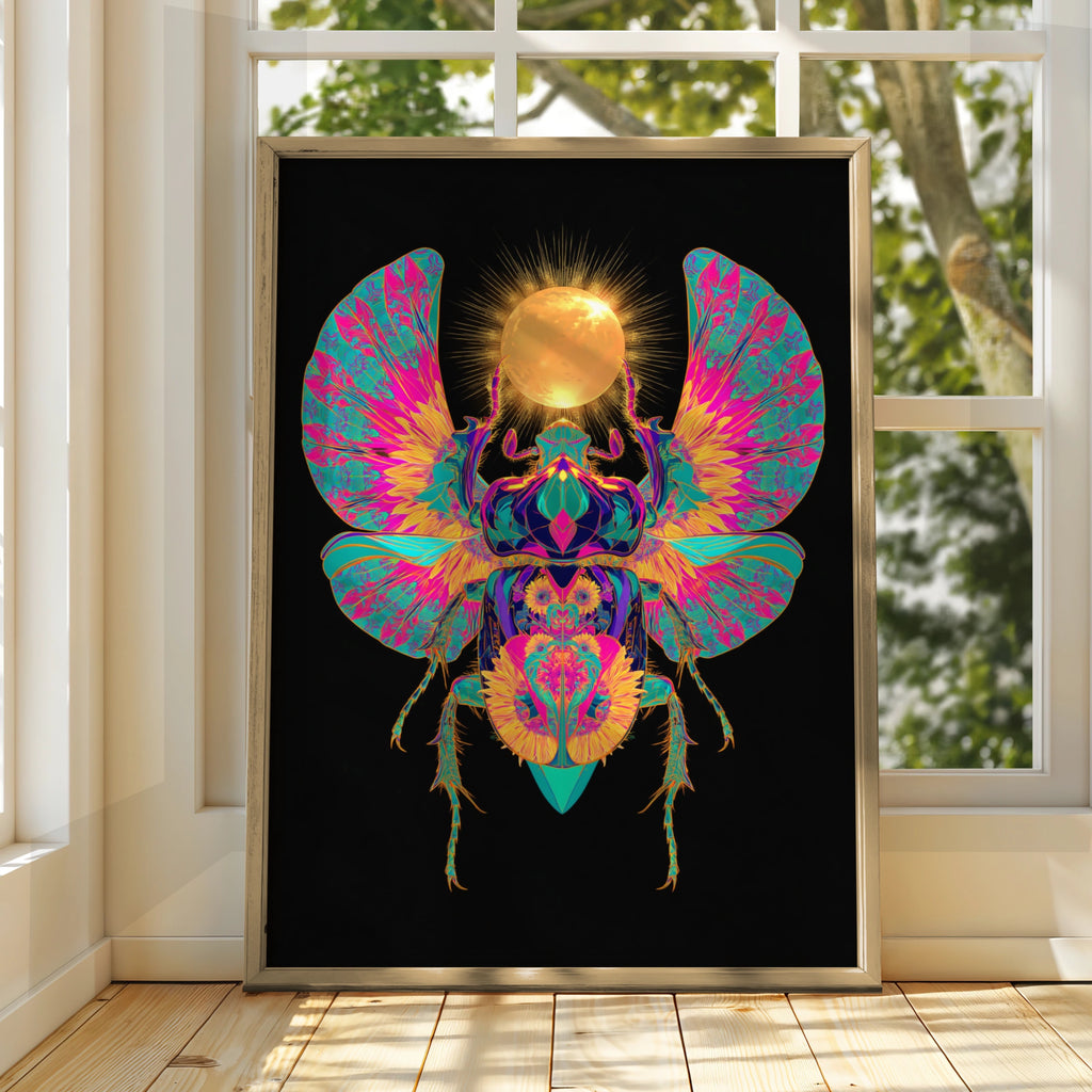 Egyptian Scarab Beetle Poster, Neon Sun Art, Psychedelic Wall Print