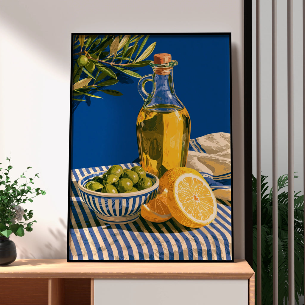 Olive Oil Lemon Still Life Poster, Mediterranean Kitchen Wall Art, Blue